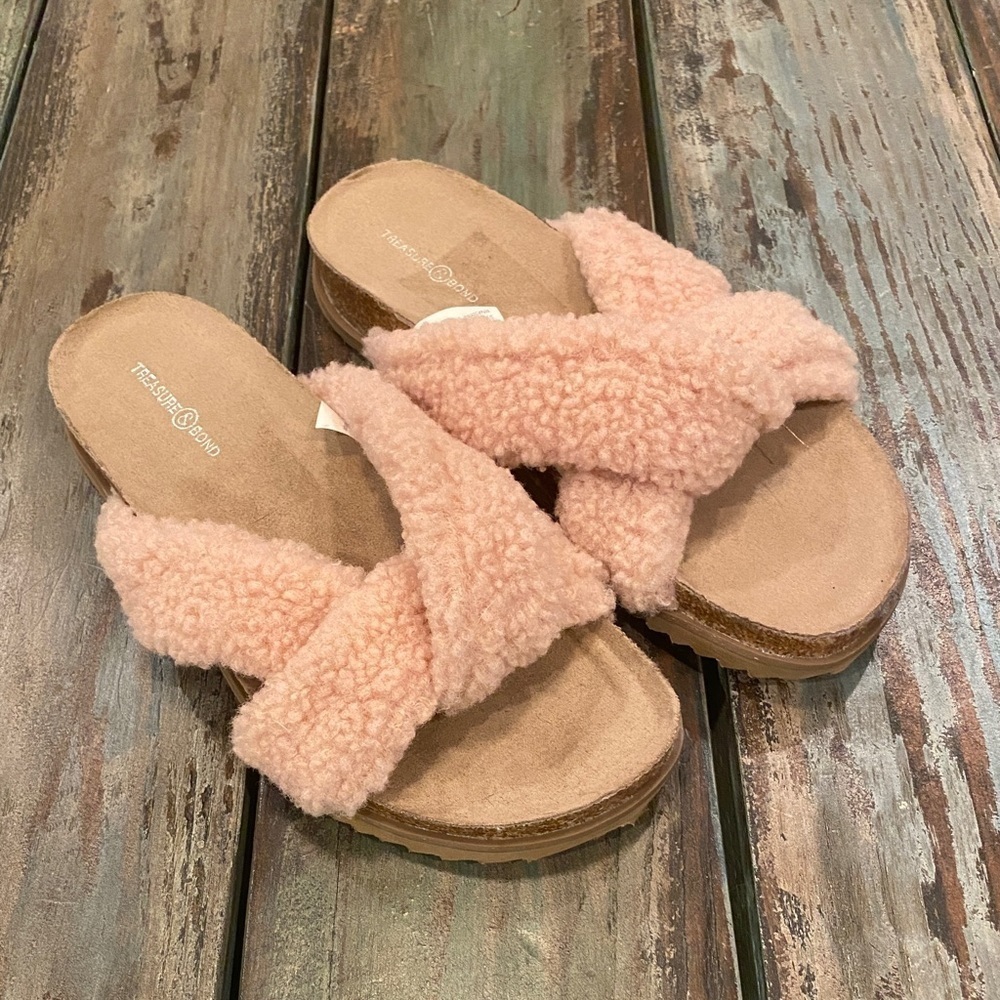 Treasure & Bond Teddy Blush Cork Faux Shearling Fleece Sandals Slides Slippers 7 - Picture 7 of 8
